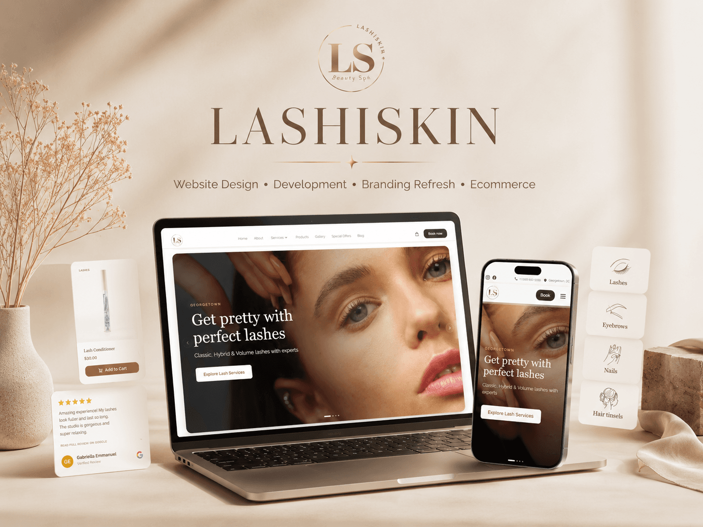 Lashiskin website displayed on a laptop held by a hand